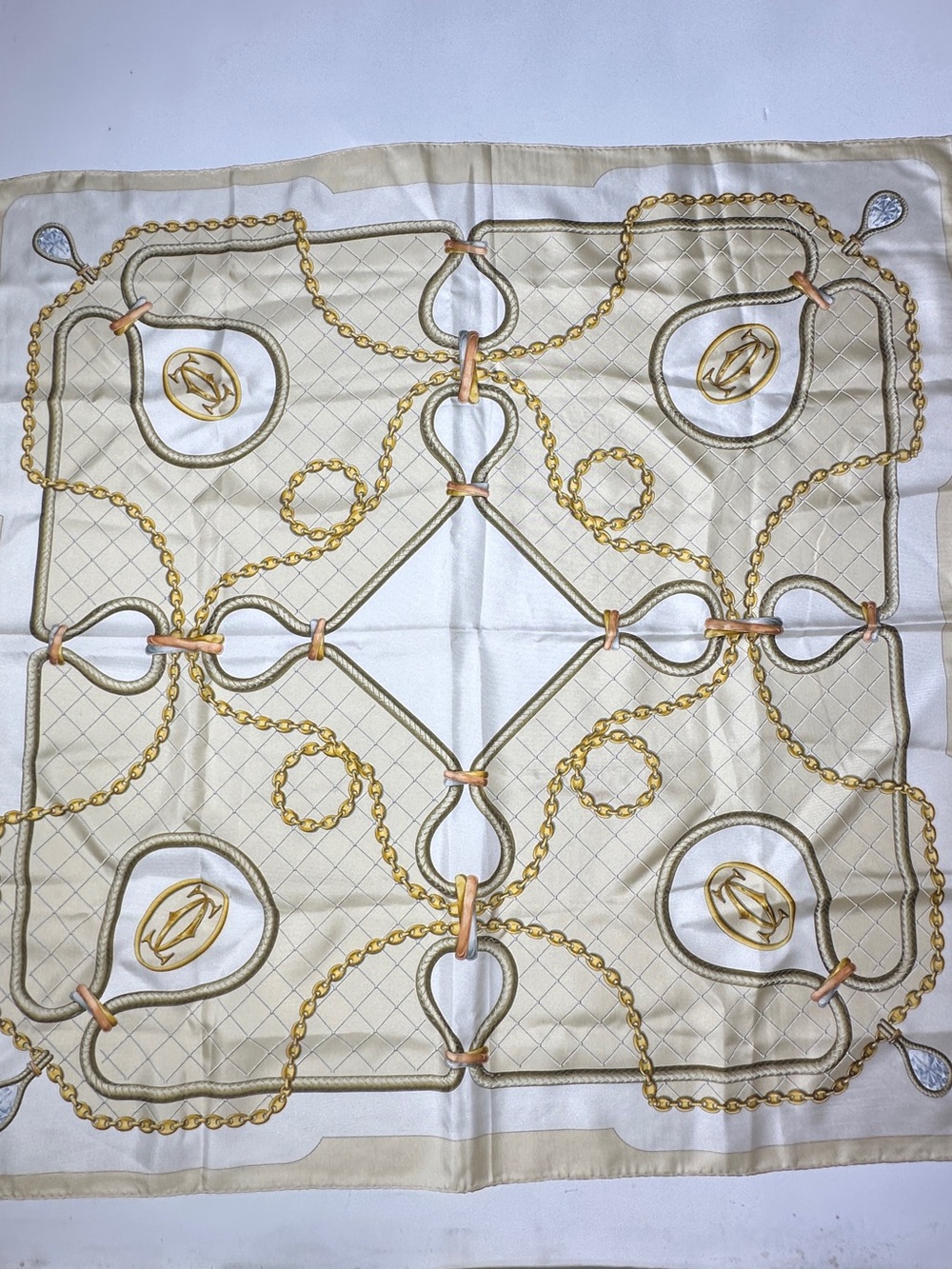 Cartier Cream and Gold Chain-Print Silk Scarf
